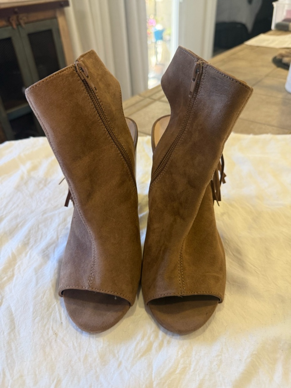 JustFab Brown Suede Open-Toe Ankle Booties